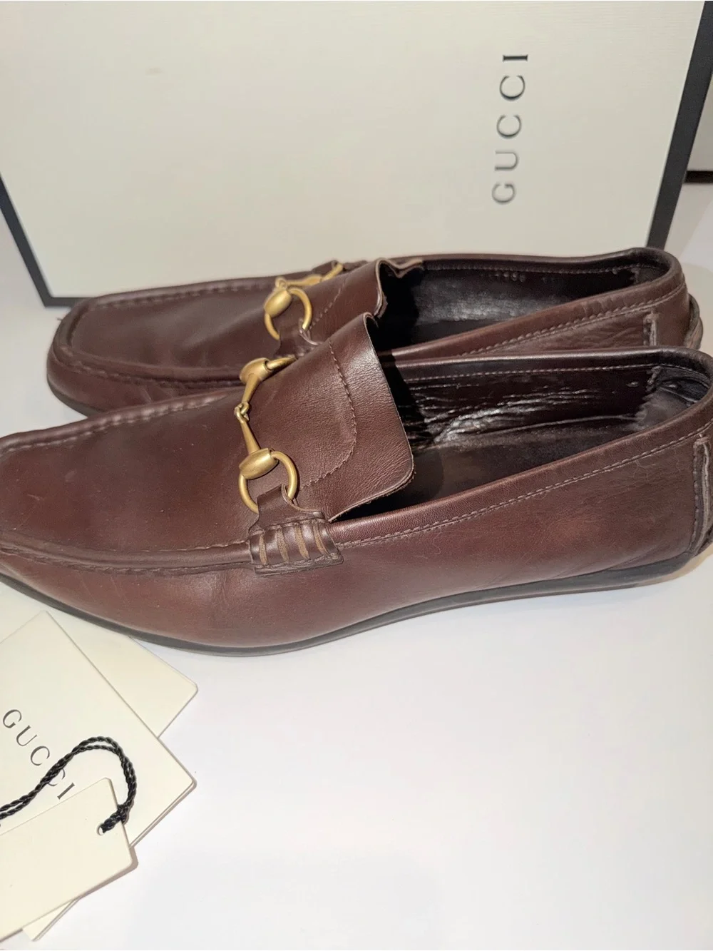 In Box Gucci Brown Leather Horsebit Slip-On Loafers, Sz 11 1/2